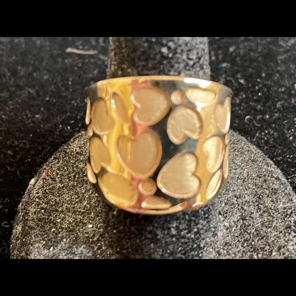 14K Pure Yellow Gold Bold Band Heart Motif Sz 7